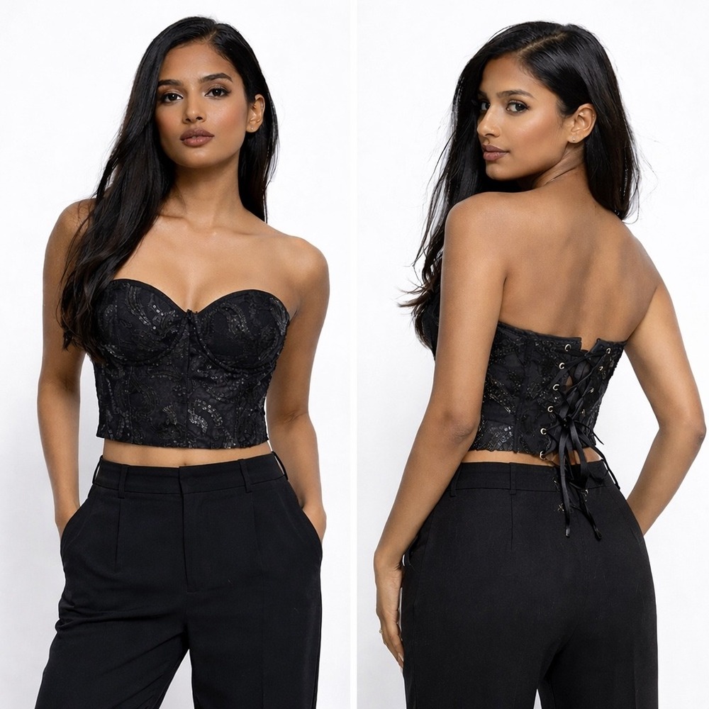 NWT Love J‎ Black Sequin Corset Top Women's Medium Polyester Spandex Solid